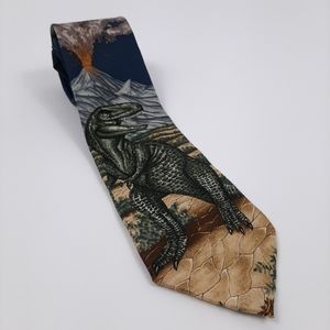 Endangered Species Dinosaur T-Rex and Volcano 100% Silk Necktie